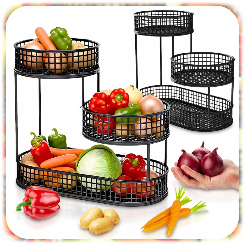 KOSZ NA OWOCE WARZYWA 3 POZIOMOWY METALOWY CZARNY KOSZYK STOJAK ORGANIZER