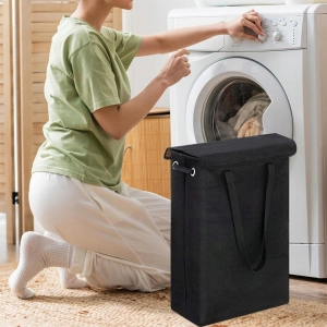 WĄSKI KOSZ NA PRANIE BIELIZNĘ KLAPA POJEMNIK Z UCHWYTAMI CZARNY 45 L