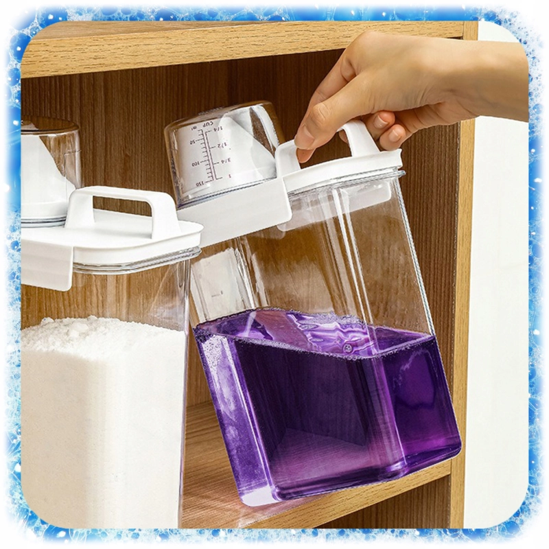 ZESTAW 3SZT POJEMNIK NA PROSZEK DO PRANIA Z MIARKĄ PŁYN DO PŁUKANIA PUDEŁKO