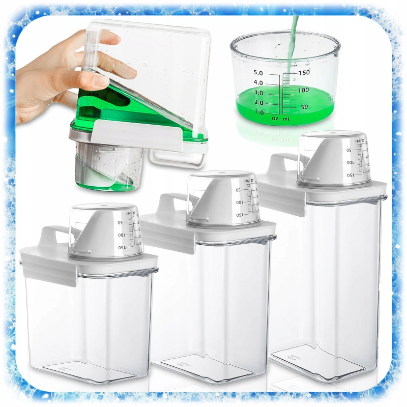 ZESTAW 3SZT POJEMNIK NA PROSZEK DO PRANIA Z MIARKĄ PŁYN DO PŁUKANIA PUDEŁKO