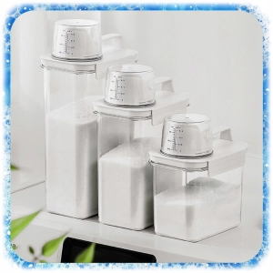 ZESTAW 3SZT POJEMNIK NA PROSZEK DO PRANIA Z MIARKĄ PŁYN DO PŁUKANIA PUDEŁKO