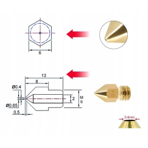 Dysza Mosiężna Brass MK8 0.4mm M6 Zestaw 5x Creality Ender 3 Pro V2