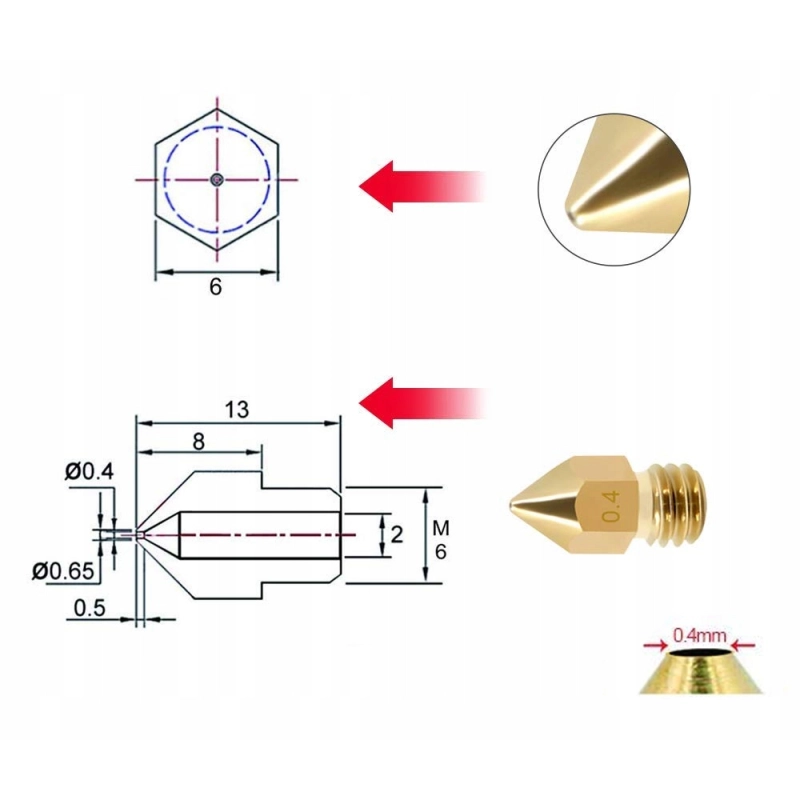 Dysza Mosiężna Brass MK8 0.4mm M6 Zestaw 5x Creality Ender 3 Pro V2