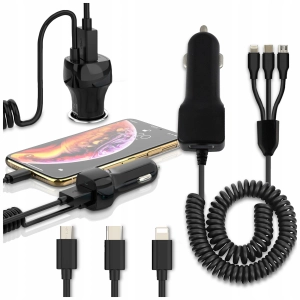 ŁADOWARKA KABEL 3W1 GNIAZDO ZAPALNICZKI TYP-C LIGHTNING MICROUSB DO AUTA 1M