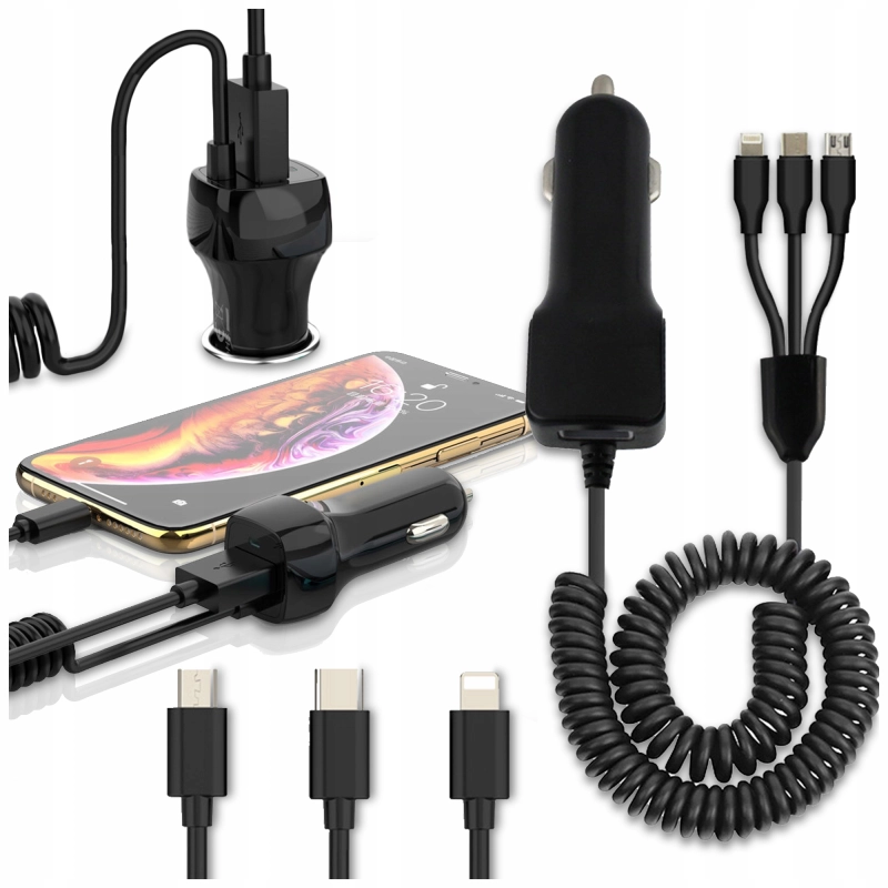 ŁADOWARKA KABEL 3W1 GNIAZDO ZAPALNICZKI TYP-C LIGHTNING MICROUSB DO AUTA 1M