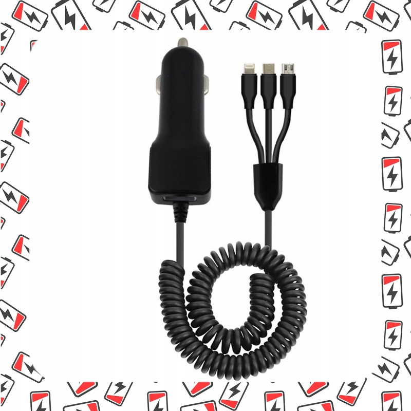 ŁADOWARKA KABEL 3W1 GNIAZDO ZAPALNICZKI TYP-C LIGHTNING MICROUSB DO AUTA 1M