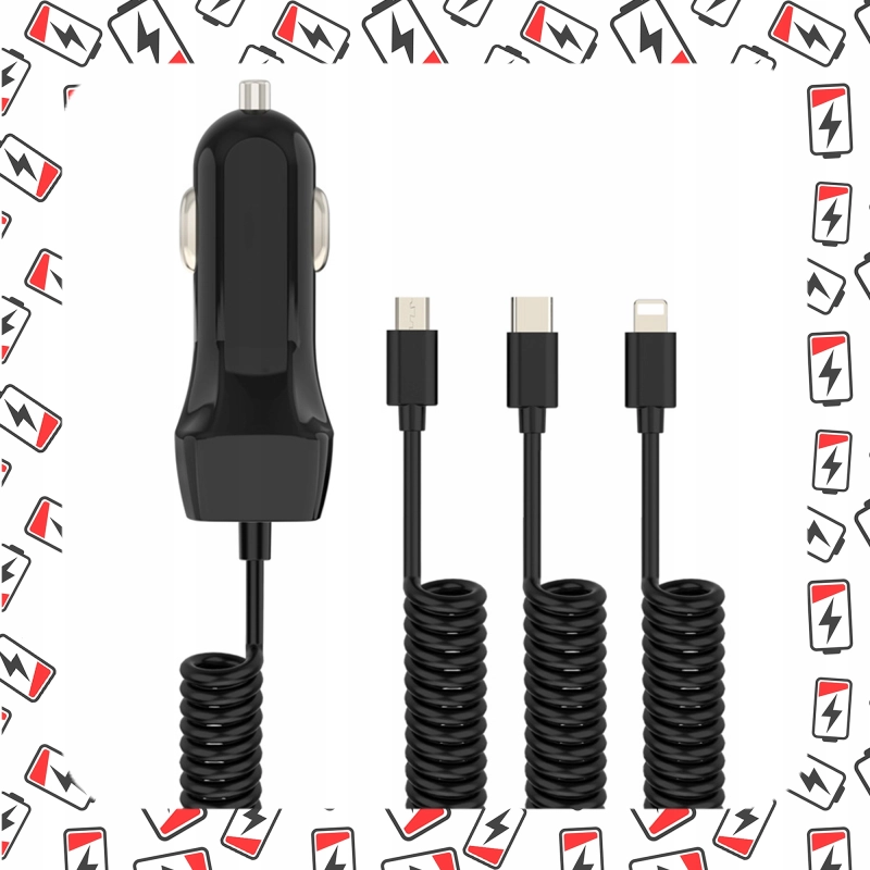 ŁADOWARKA KABEL 3W1 GNIAZDO ZAPALNICZKI TYP-C LIGHTNING MICROUSB DO AUTA 1M