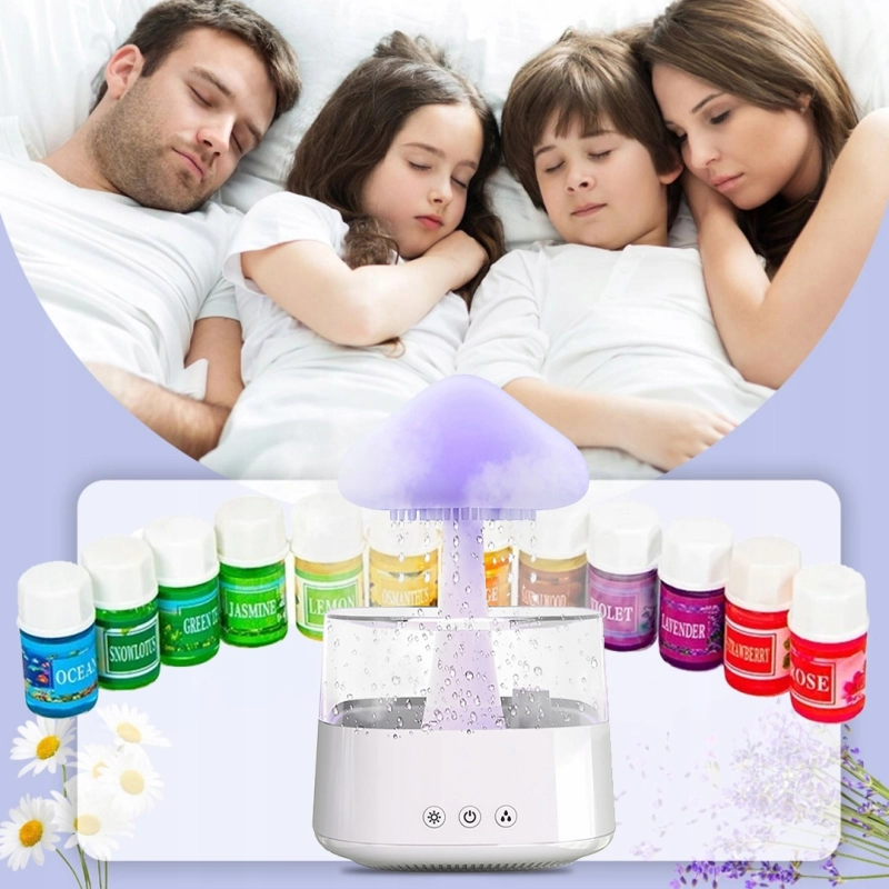 NAWILŻACZ POWIETRZA DYFUZOR GRZYBEK DESZCZ AROMATERAPIA LAMPKA + 12 OLEJKÓW