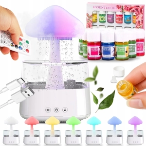 NAWILŻACZ POWIETRZA DYFUZOR GRZYBEK DESZCZ AROMATERAPIA LAMPKA + 12 OLEJKÓW