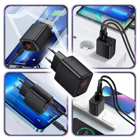ŁADOWARKA SIECIOWA KOSTKA 2 Wejścia USB +TYP-C USB-C do Telefonu 25W czarna