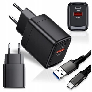 ŁADOWARKA SIECIOWA KOSTKA 2 Wejścia USB +TYP-C USB-C do Telefonu 25W czarna