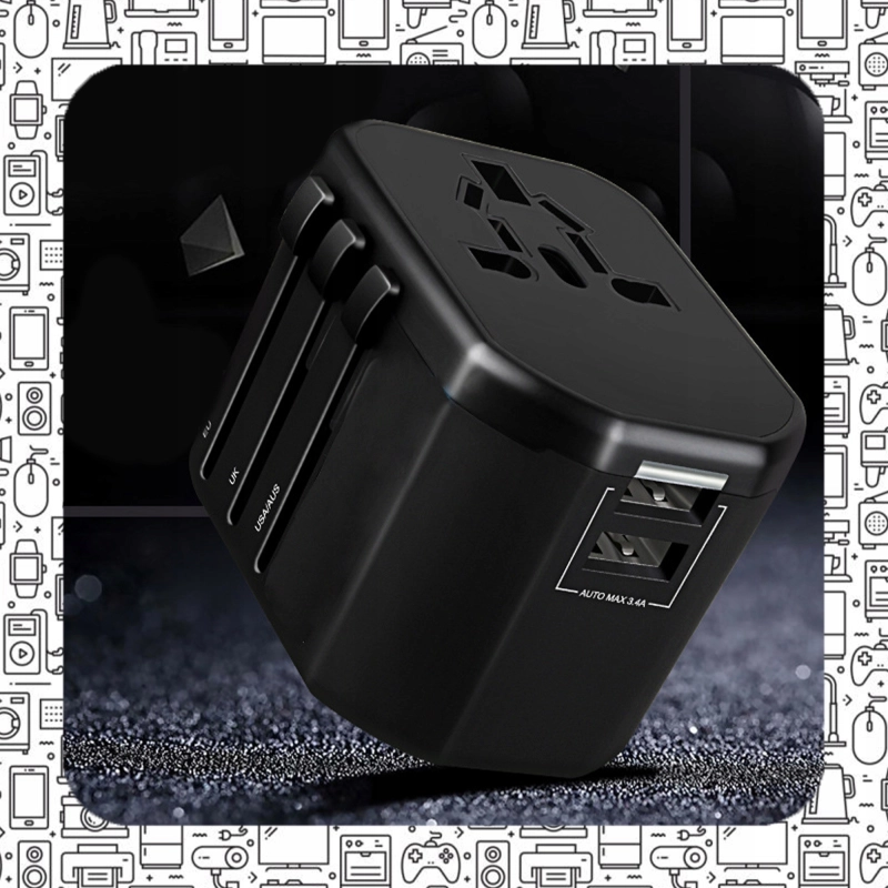 UNIWERSALNY ADAPTER SIECIOWY PODRÓŻNY PRZEJŚCIÓWKA USA UK EU ŁADOWARKA 2USB