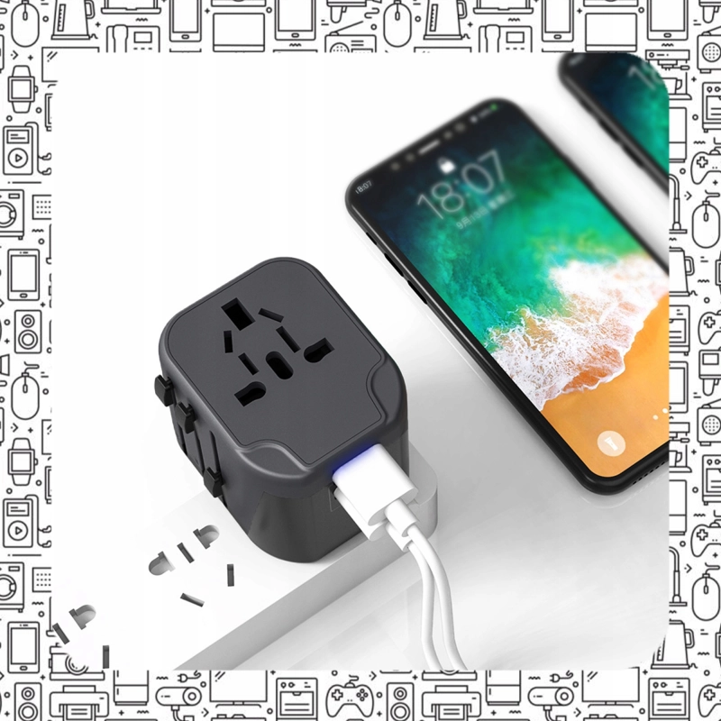 UNIWERSALNY ADAPTER SIECIOWY PODRÓŻNY PRZEJŚCIÓWKA USA UK EU ŁADOWARKA 2USB