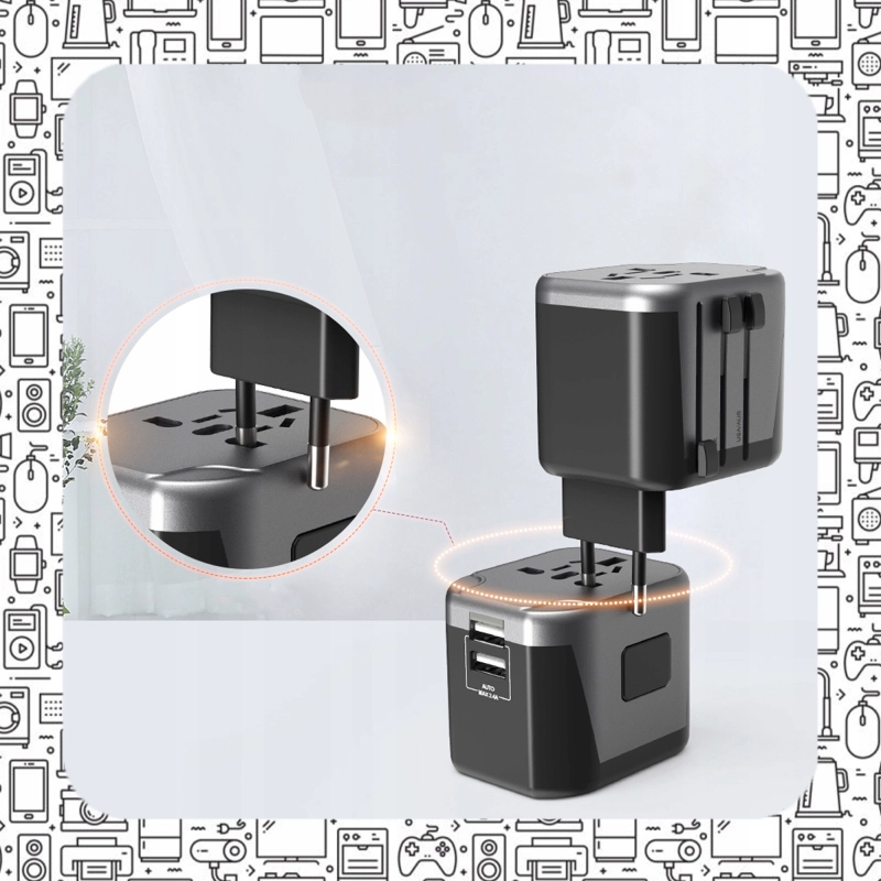 UNIWERSALNY ADAPTER SIECIOWY PODRÓŻNY PRZEJŚCIÓWKA USA UK EU ŁADOWARKA 2USB